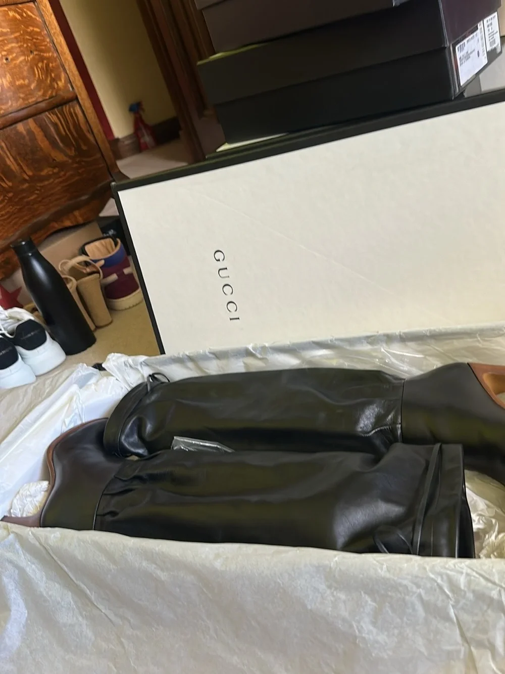 Gucci Black Leather Knee-High Boots with Brown Trim
